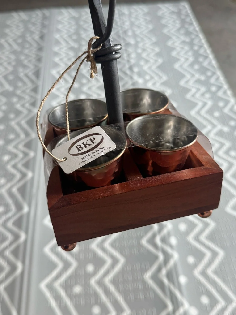Copper Finish Condiment Caddy with Wooden Base - Brown